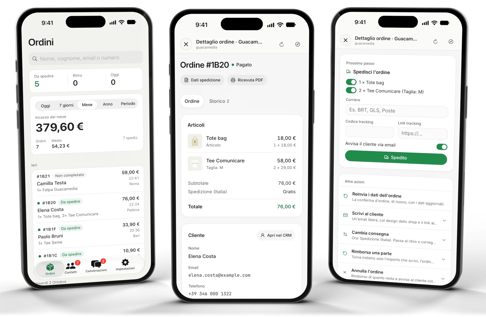 Tre iPhone con l'app: l'elenco degli ordini, un ordine da spedire e gli incassi del periodo