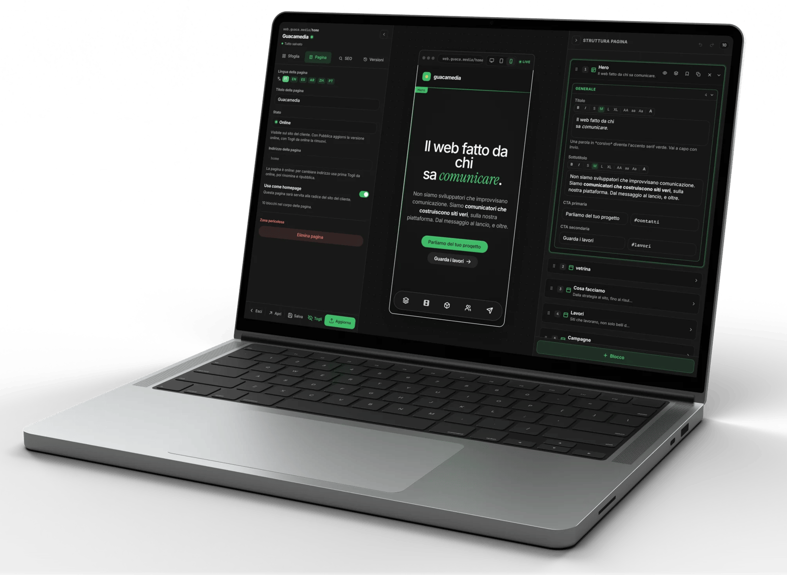 El editor de Guacamedia Web en un MacBook, con la vista previa móvil de guaca.media y los campos del bloque seleccionado