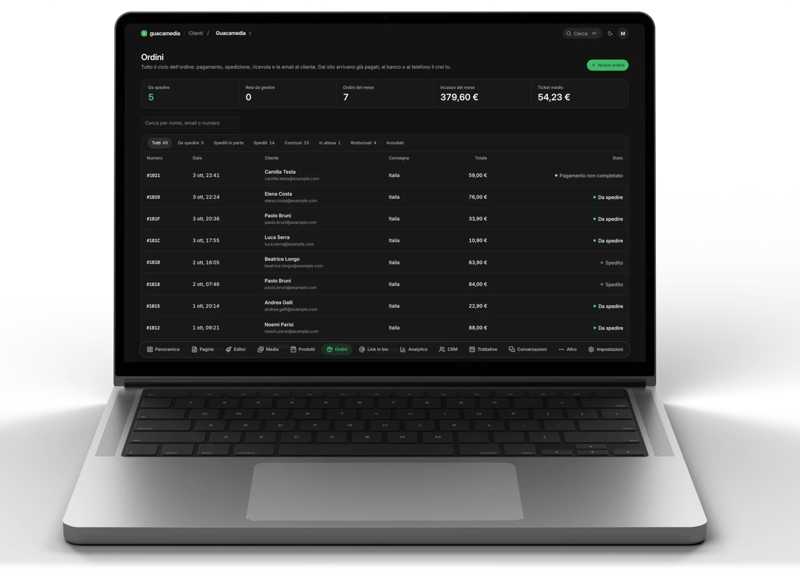 Los pedidos de la tienda en un MacBook: por enviar, ingresos del mes y la lista de pedidos con su estado