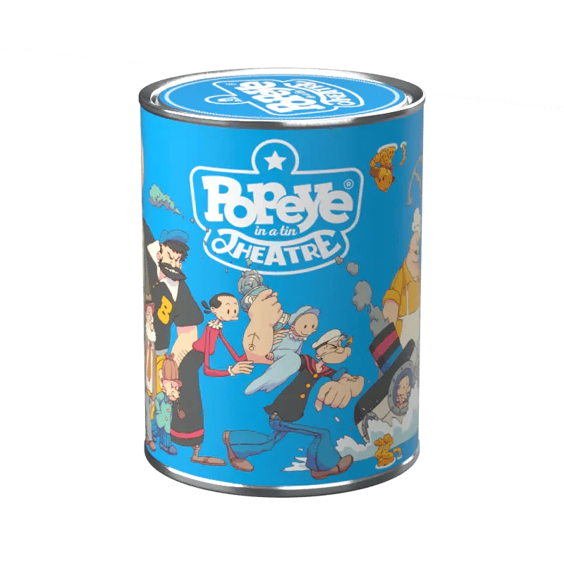 La latta di Popeye in a Tin Theatre, in acciaio, con l'etichetta illustrata da Lorenzo Ceccotti.