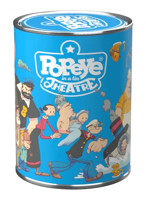 La latta di Popeye in a Tin Theatre in piedi, con l'etichetta illustrata da LRNZ.