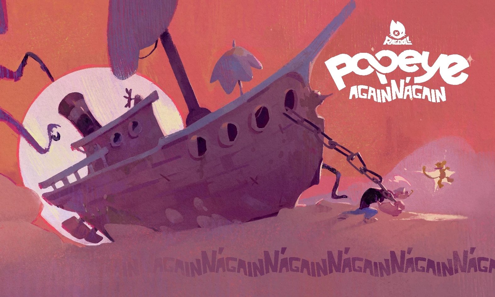 La copertina di Popeye Again 'n' Again, disegnata da Lorenza Pigliamosche: il relitto di una nave arenato nel deserto, sotto un cielo rosso.