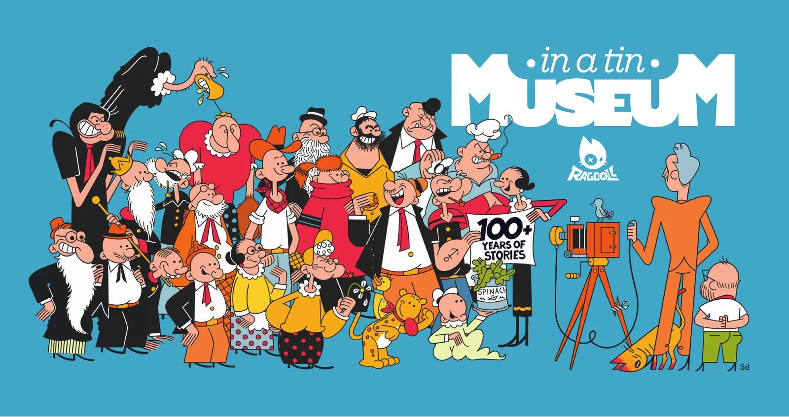 La copertina di In a Tin Museum: la compagnia schierata su fondo azzurro, disegnata da Stefano Dorigo.