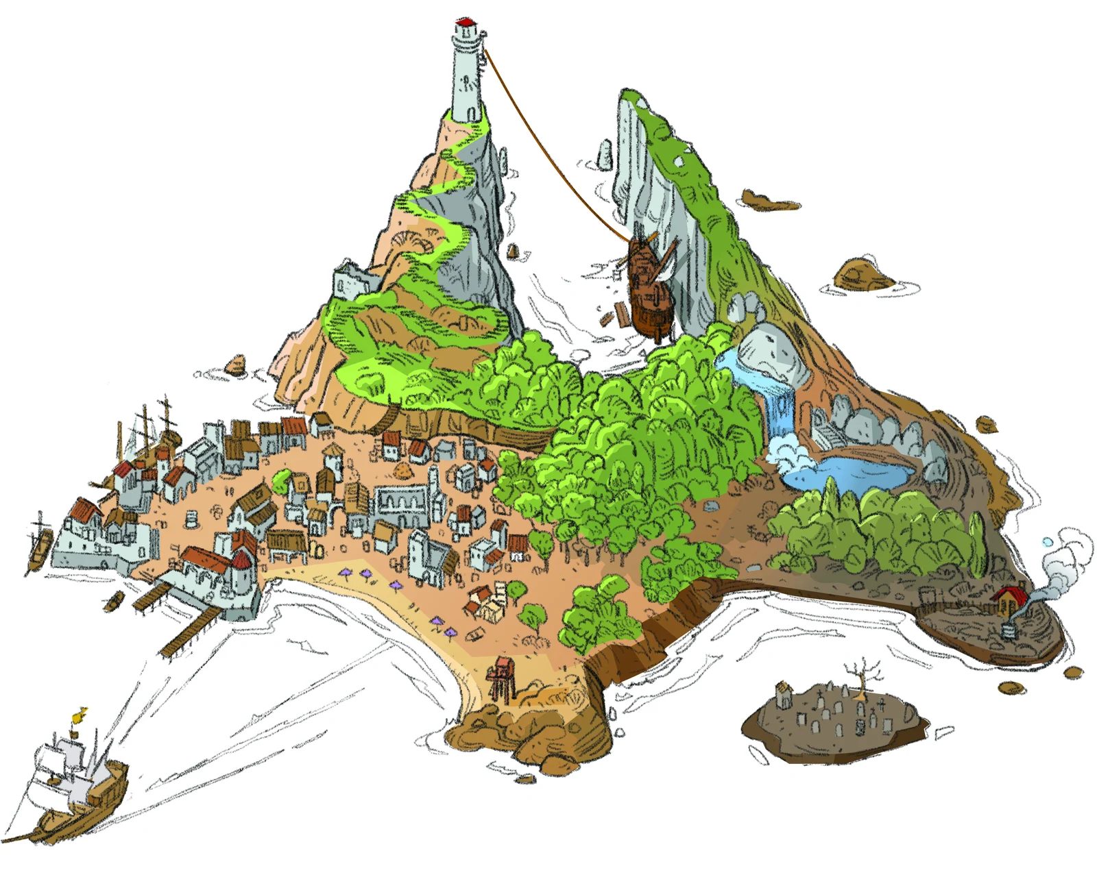 L'isola di Sweethaven illustrata da Alekos Reize per la mappa.